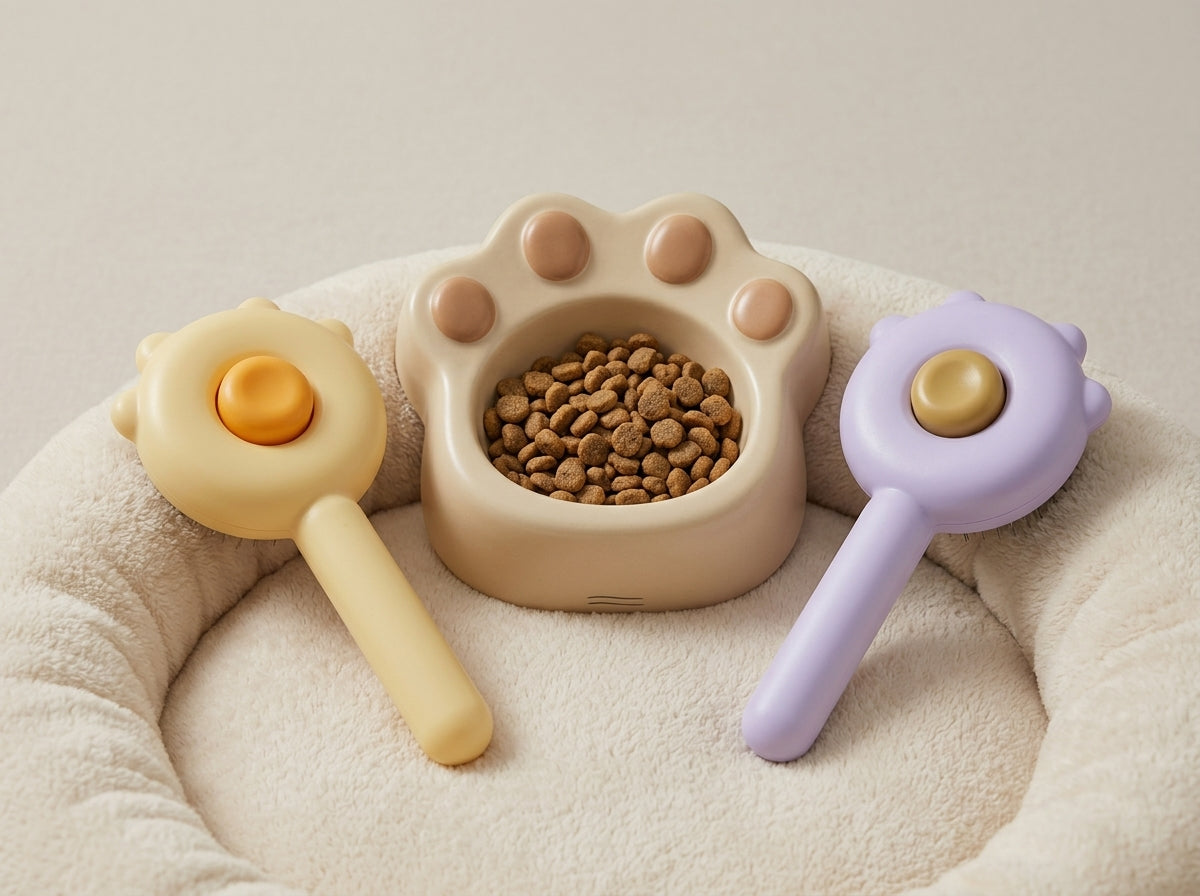 FurGlide brushes in yellow and purple beside a paw-shaped pet food bowl
