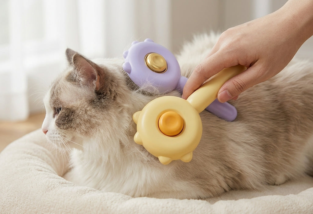 Purple FurGlide brush being used on a long-haired cat lying down