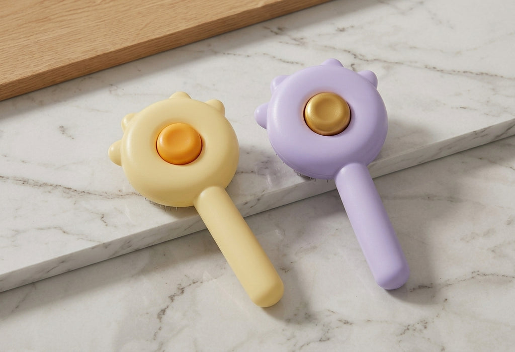 Yellow and purple FurGlide brushes laid on a marble counter, showing the rounded pin head and handle