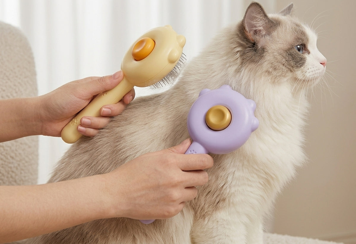 Yellow and purple FurGlide brushes held beside a long-haired ragdoll cat